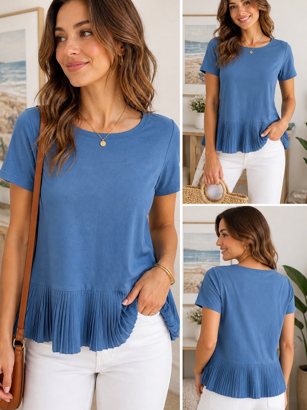 Lands’ End Blue Pleated Hem Top Women’s Small Short Sleeve Peplum Blouse